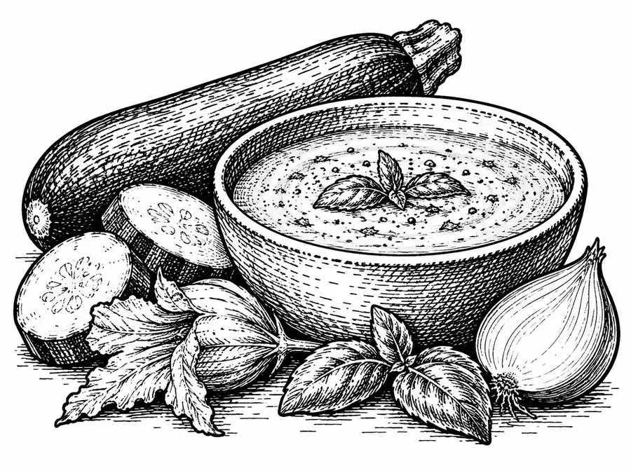 Soupe de courgette Soupe de courgette de la Ferme des Wapatas, dessin à l’encre
