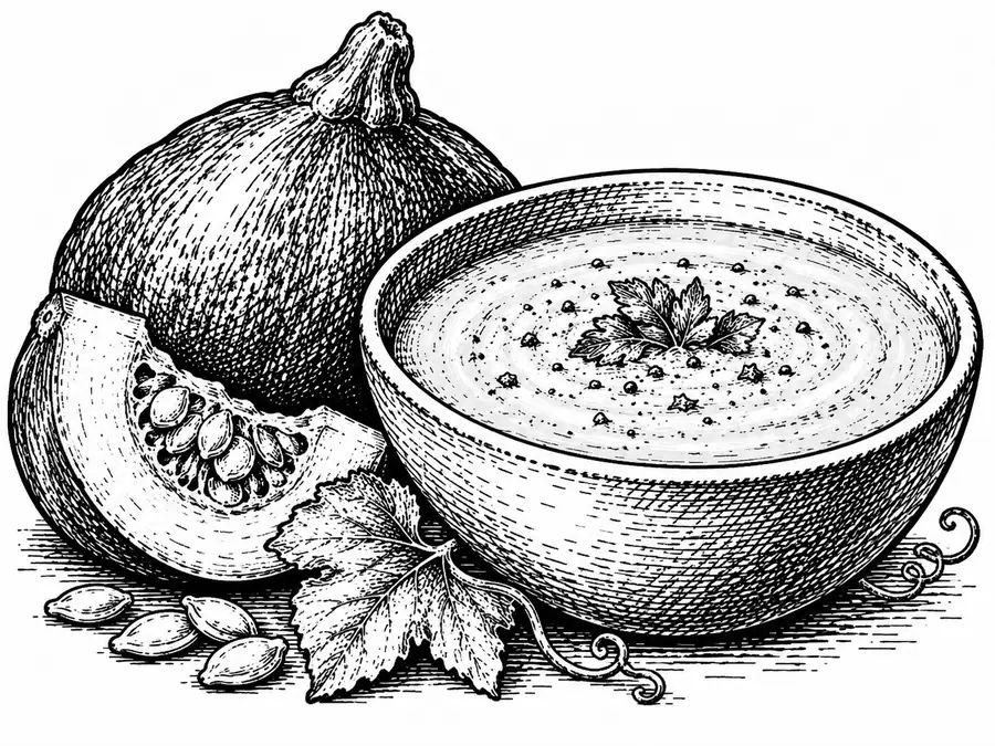 Velouté de potimarron Velouté de potimarron de la Ferme des Wapatas, dessin à l’encre